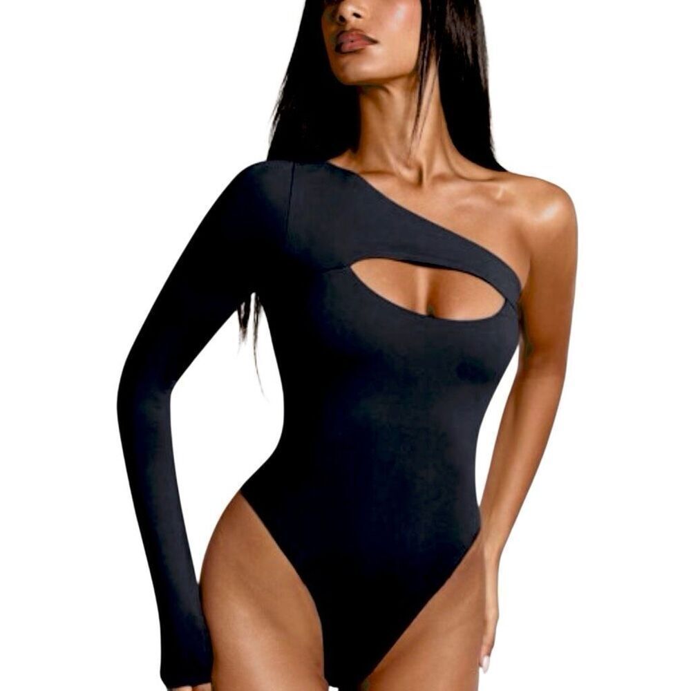 NWT Shein Bae Cut-out One Shoulder Stretch One Piece Bodysuit Black Large